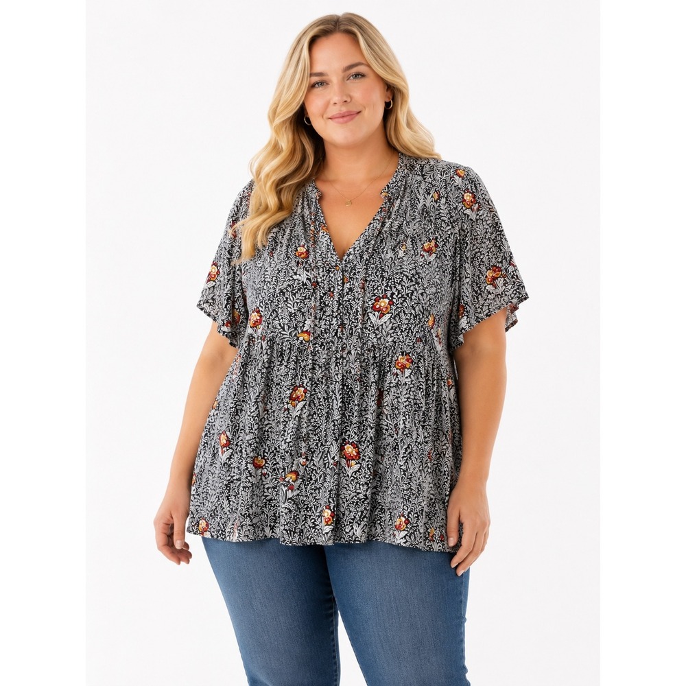 Old Navy Womens XL Floral Pintuck Babydoll Blouse Black White Red Flutter Sleeve